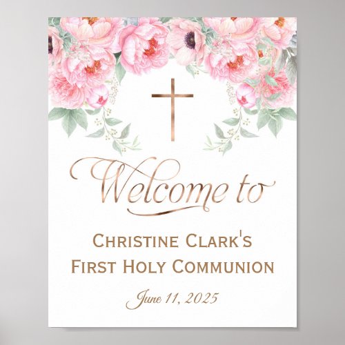 8x10 Pink Floral Girl Communion Welcome Sign Poster