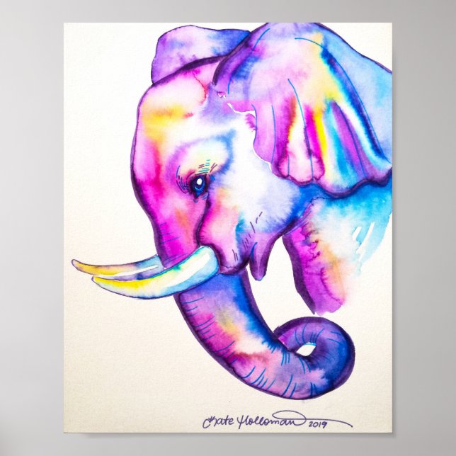 8x10 Watercolor Colorful Elephant Poster (Front)