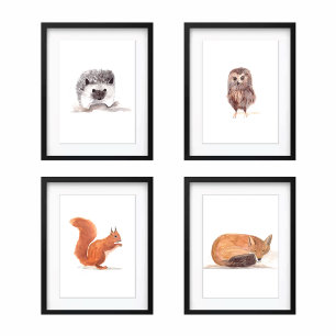 8x10 Woodland Cute Watercolor Forest Animals set