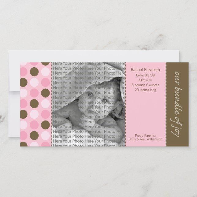 8x4 Birth Announcement Pink and Brown Polka Dots (Front)