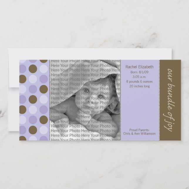 8x4 Birth Announcement Purple and Brown Polka Dots (Front)