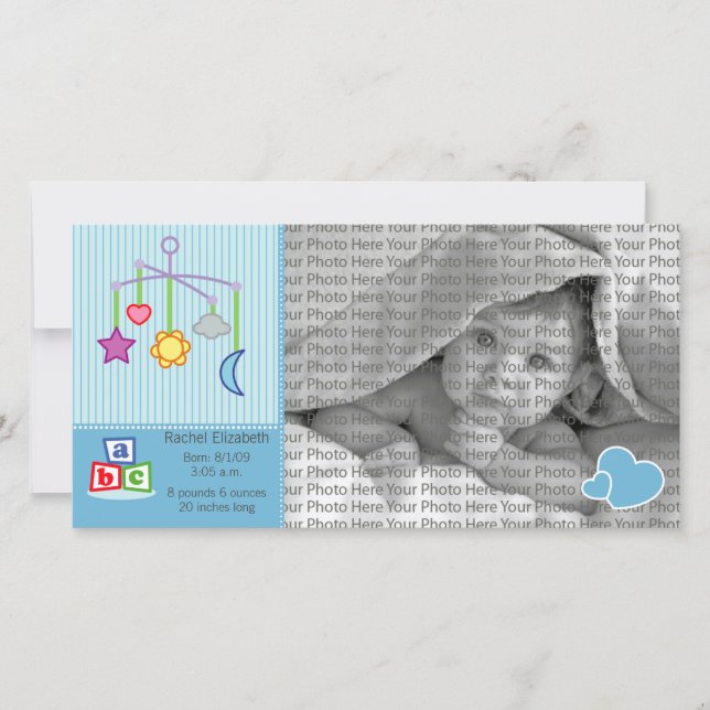 8x4 Birth Photo Announcement Blue Hearts (Front)