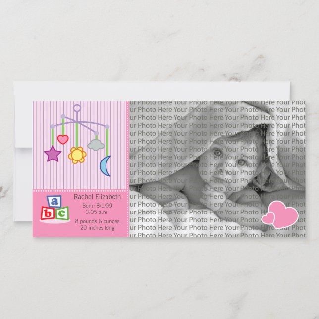 8x4 Birth Photo Announcement Pink Hearts (Front)