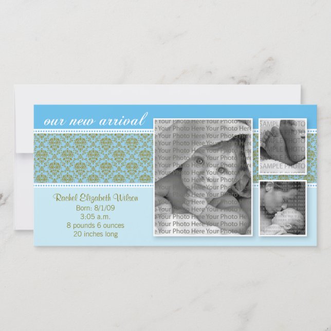 8x4 Blue Baroque 3-Photo Birth Announcement (Front)