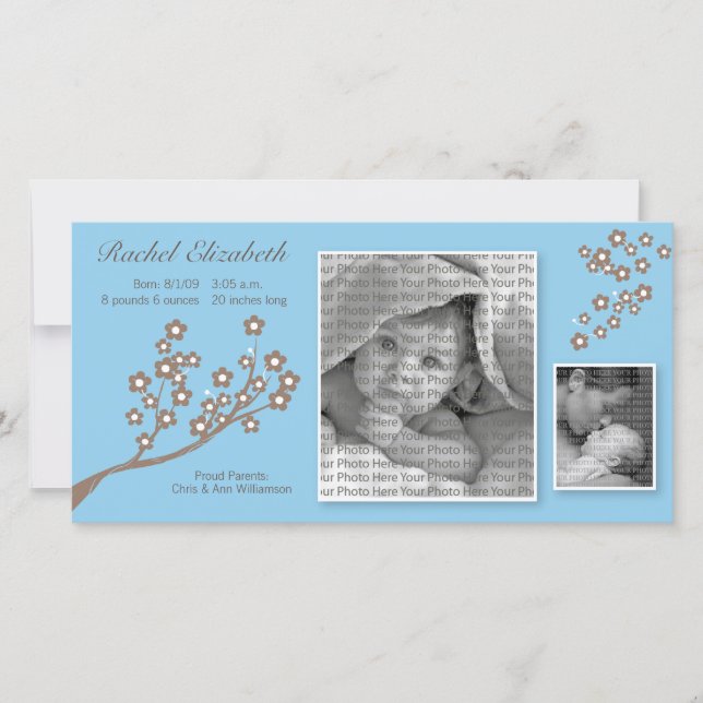 8x4 Branch Design Birth Announcement Blue/Brown (Front)