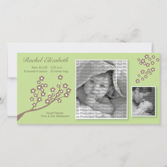 8x4 Branch Design Birth Announcement Green/Brown (Front)