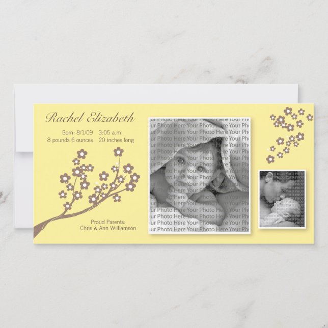 8x4 Branch Design Birth Announcement Yellow/Brown (Front)