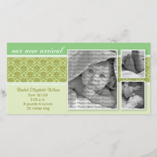 8x4 Green Baroque 3-Photo Birth Announcement