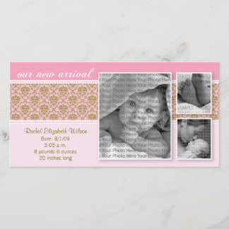 8x4 Pink Baroque 3-Photo Birth Announcement