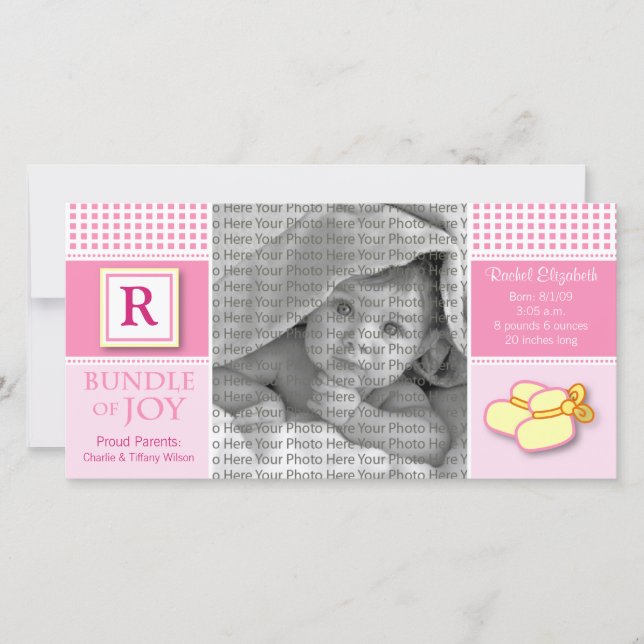 8x4 Pink Gingham Monogrammed Birth Announcement (Front)