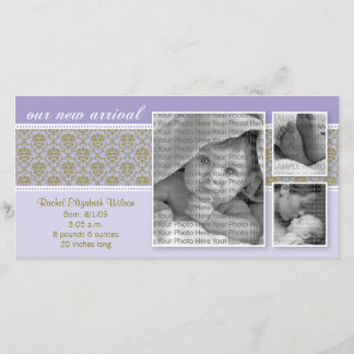 8x4 Purple Baroque 3-Photo Birth Announcement