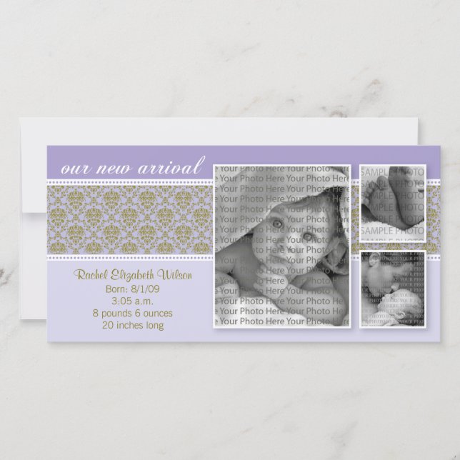 8x4 Purple Baroque 3-Photo Birth Announcement (Front)