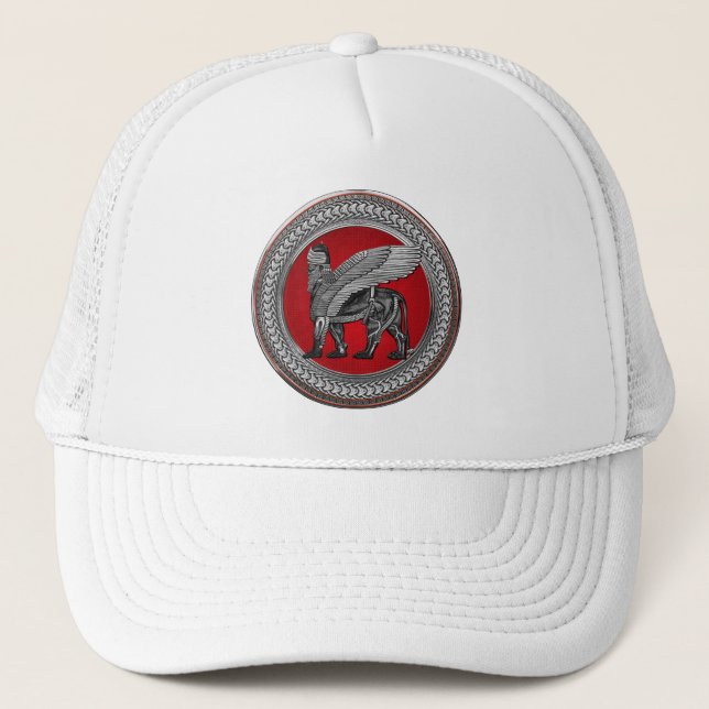 [900] Assyrian Winged Lion: Silver & Black Lamassu Trucker Hat (Front)