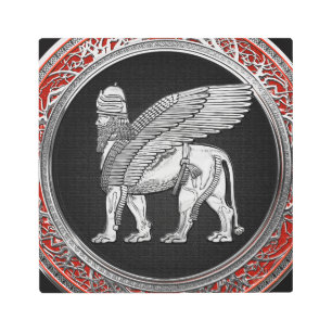 [900] Assyrian Winged Lion - Silver Lamassu Metal Print