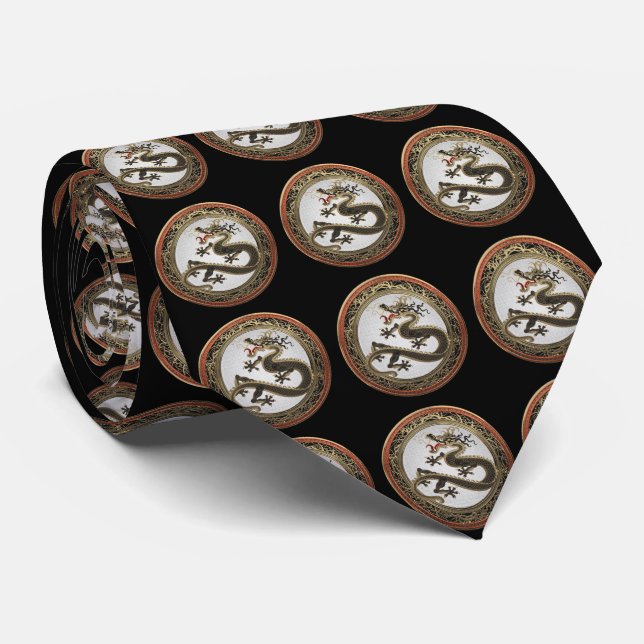 [900] Black and Gold Sacred Eastern Dragon Neck Tie (Rolled)