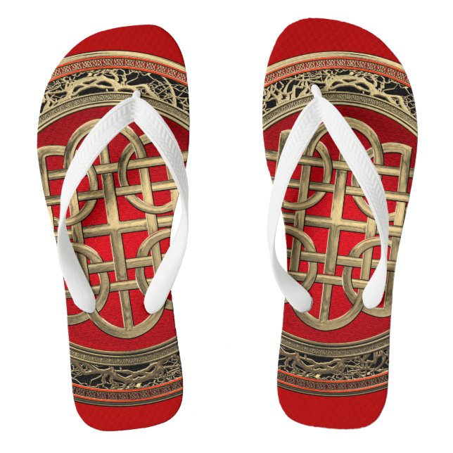 [900] Sacred Celtic Gold Knot Cross Flip Flops (Footbed)