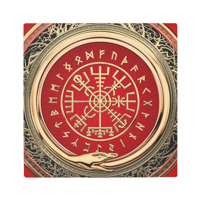 [900] Vegvisir - Viking Gold Magic Runic Compass Metal Print (Front)
