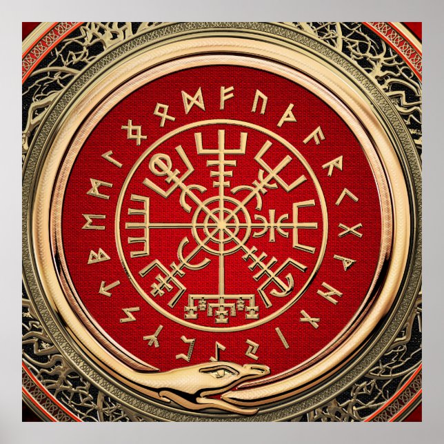 [900] Vegvisir - Viking Gold Magic Runic Compass Poster (Front)