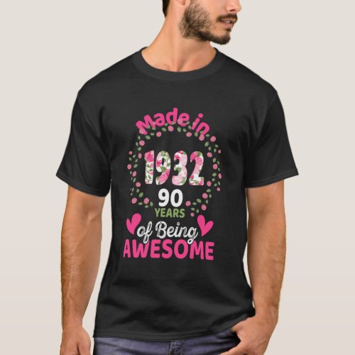 90 90Th Born In 1932 Floral T_Shirt