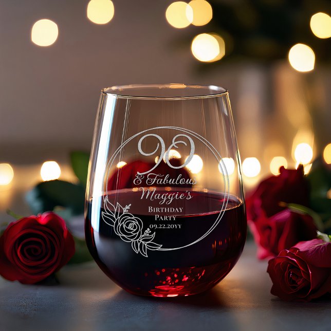 90 and Fabulous 90th Birthday Party Keepsake Stemless Wine Glass (90 and Fabulous 90th Birthday Party Rose Floral Frame Keepsake Stemless Wine Glass)