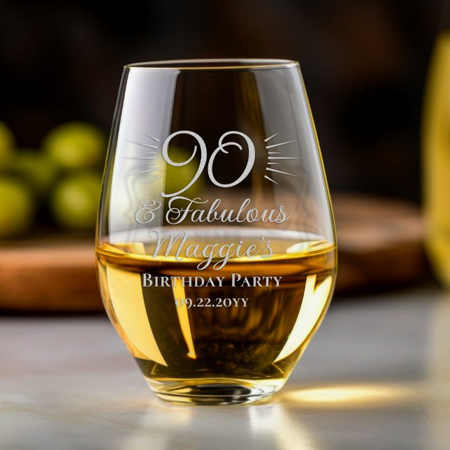 90 and Fabulous 90th Birthday Party Keepsake Stemless Wine Glass ("90 and Fabulous" 90th Birthday Party Keepsake Stemless Wine Glass)