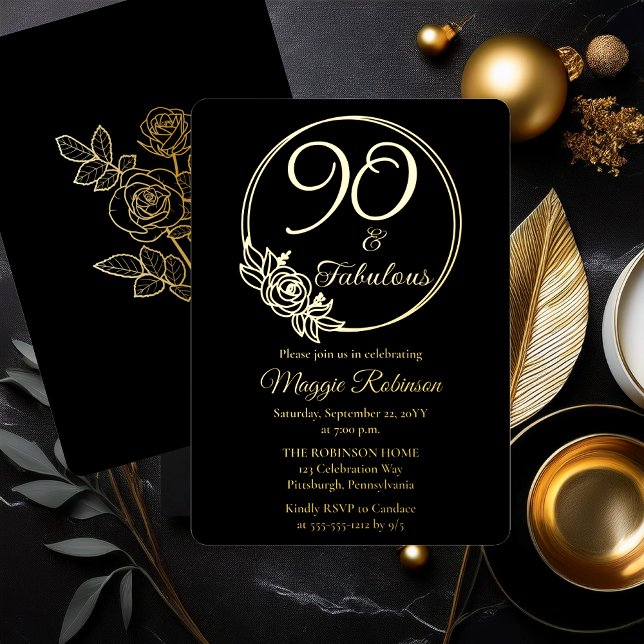 90 and Fabulous 90th Birthday Party Stamped Foil Invitation (Simply Elegant Rose Wreath "90 and Fabulous" 90th Birthday Party Black Stamped Gold Foil Invitation )