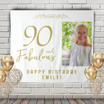 90 and Fabulous 90th Birthday Photo Backdrop<br><div class="desc">Elegant Golden 90 and Fabulous 90th Birthday Photo Backdrop Tapestry. 90 and fabulous text in trendy golden script with photo and name. Personalize it with your photo,  your name and the age,  and make your own elegant birthday party backdrop for woman`s birthday party.</div>