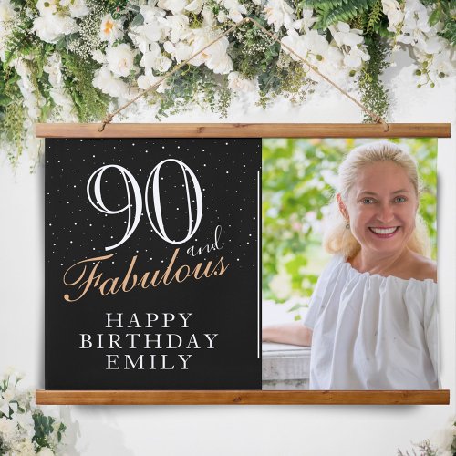 90 and Fabulous Elegant Black 90th Birthday Photo Hanging Tapestry