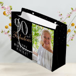 90 and Fabulous Elegant Black 90th Birthday Photo Large Gift Bag<br><div class="desc">90 and Fabulous Elegant Black 90th Birthday Photo Gift Bag. 90 and fabulous text in trendy script with a name on a black background. Personalize it with your photo,  name and age. It`s a great personalized photo gift bag for a woman`s birthday.</div>