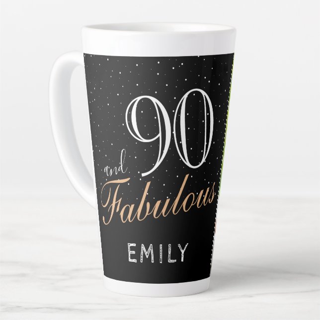 90 and Fabulous Elegant Black 90th Birthday Photo  Latte Mug (Left Angle)