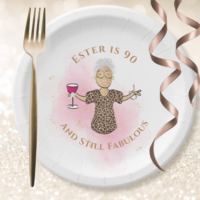 90 and Fabulous Ethnic Gold Pink Fun 90th Birthday Paper Plates (Creator Uploaded)