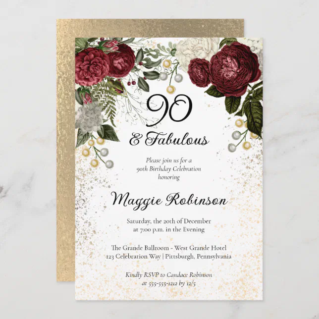 90 and Fabulous Glam Rose Floral Birthday Party Invitation | Zazzle