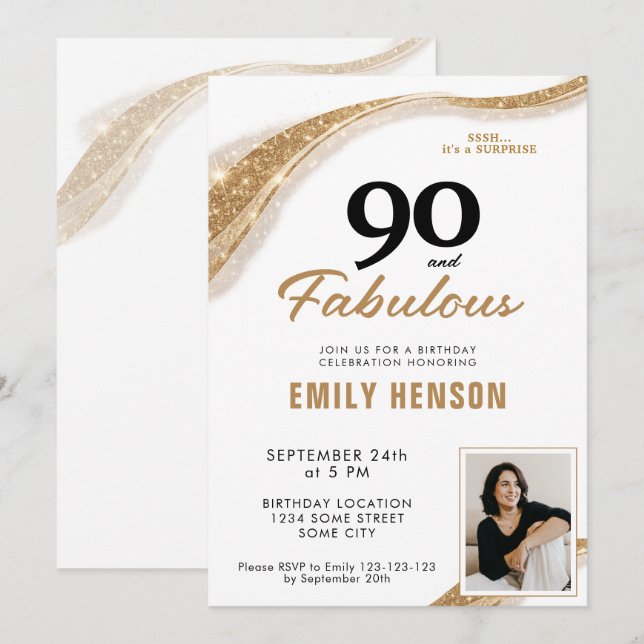 90 and Fabulous Gold 90th Birthday Invitation (Front/Back)