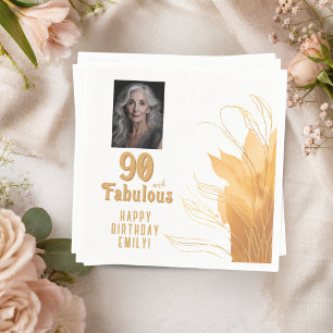 90 and Fabulous Gold Foliage 90th Birthday Photo Napkins