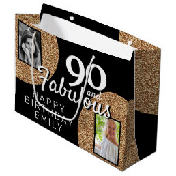 90 and Fabulous Gold Glitter 2 Photo 90th Birthday Large Gift Bag