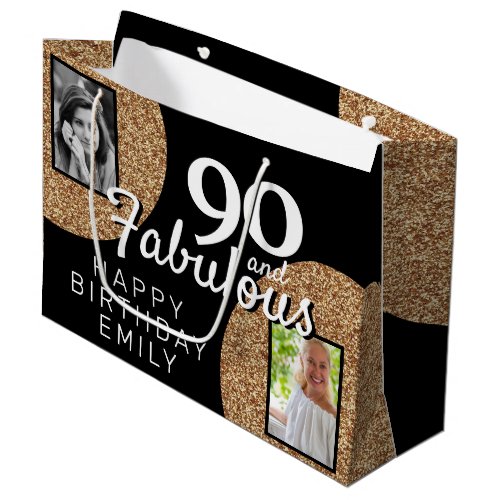 90 and Fabulous Gold Glitter 2 Photo 90th Birthday Large Gift Bag
