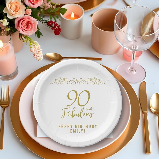 90 and Fabulous Gold Ornament 90th Birthday  Paper Plates (Creator Uploaded)