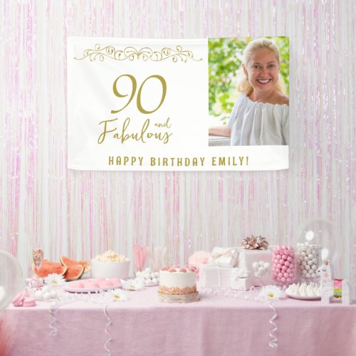 90 and Fabulous Gold Ornament 90th Birthday Photo  Banner