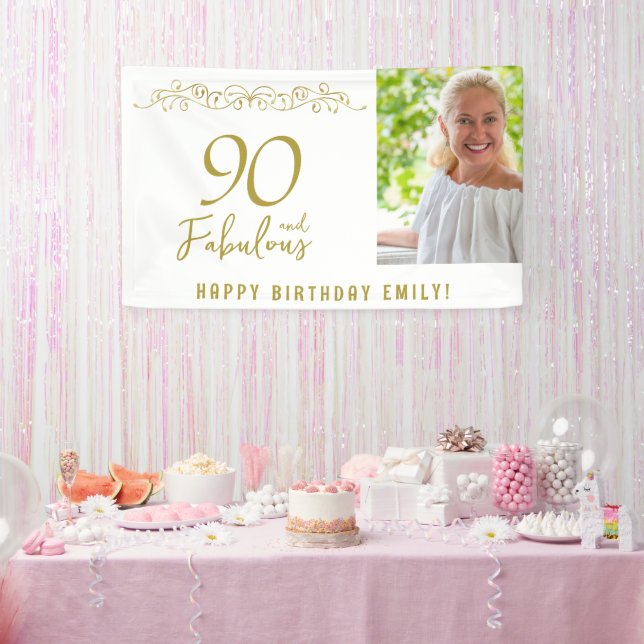 90 and Fabulous Gold Ornament 90th Birthday Photo  Banner (Party)