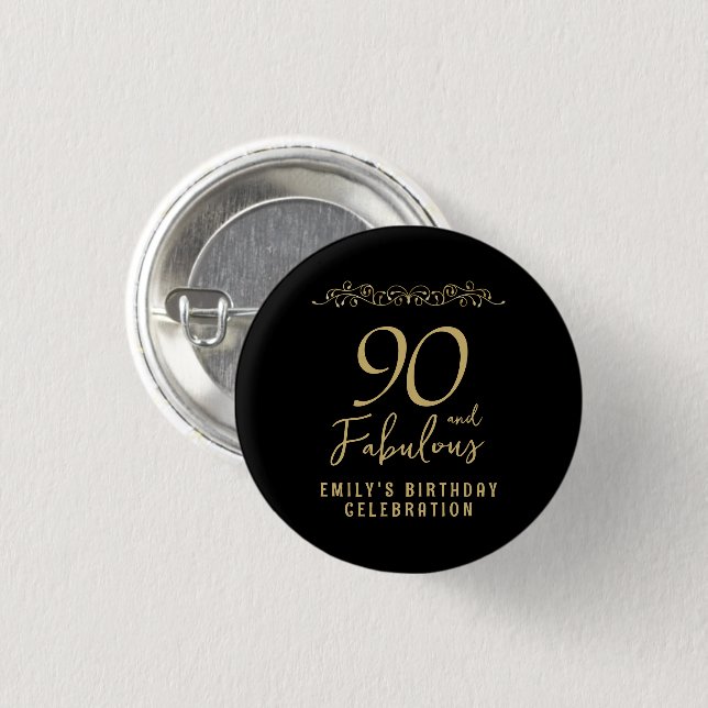 90 and Fabulous Gold Ornament 90th Birthday Photo  Button (Front & Back)