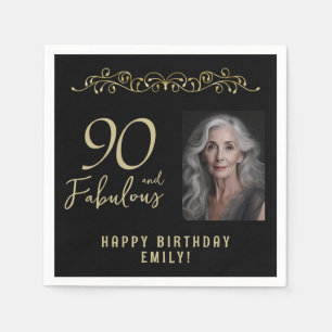 90 and Fabulous Gold Ornament 90th Birthday Photo Napkins