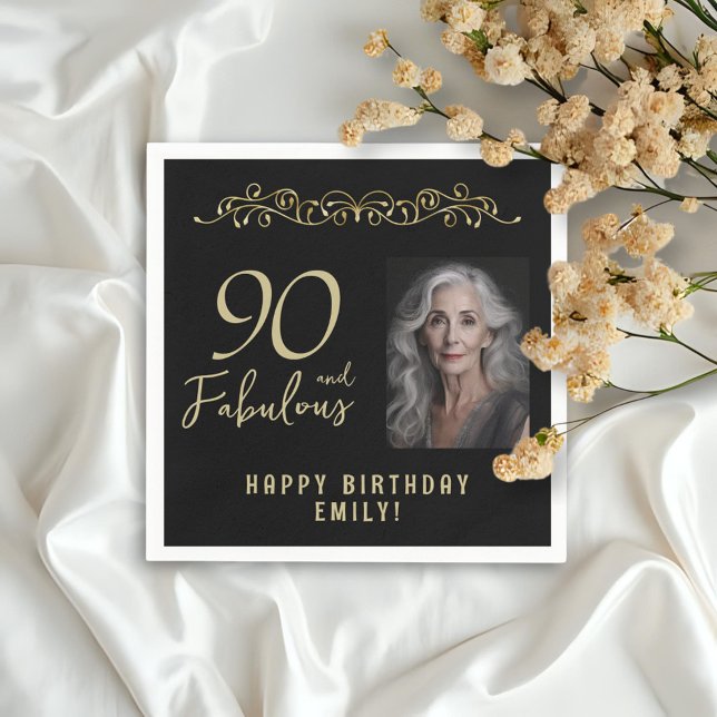 90 and Fabulous Gold Ornament 90th Birthday Photo  Napkins (Creator Uploaded)