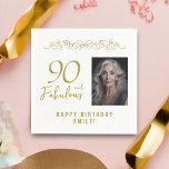 90 and Fabulous Gold Ornament 90th Birthday Photo  Napkins<br><div class="desc">90 and Fabulous Gold Ornament 90th Birthday Photo Napkins. 90 and fabulous text in trendy golden script with photo and name. Personalize it with your photo,  your name and the age,  and make elegant birthday party napkins for woman`s birthday party.</div>