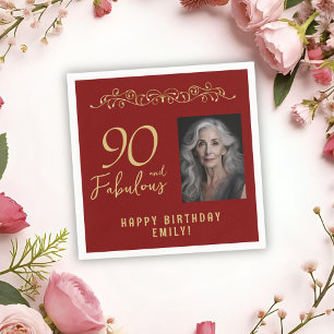 90 and Fabulous Gold Ornament 90th Birthday Photo  Napkins