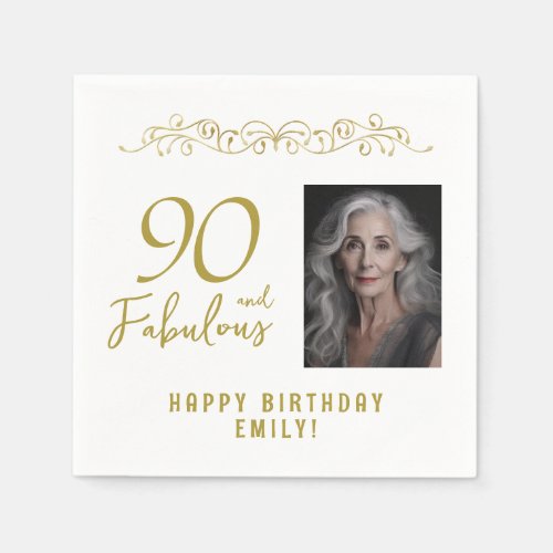 90 and Fabulous Gold Ornament 90th Birthday Photo  Napkins
