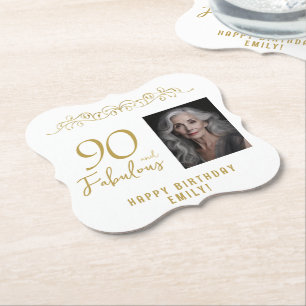 90 and Fabulous Gold Ornament 90th Birthday Photo  Paper Coaster