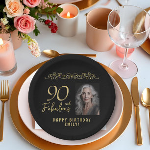 90 and Fabulous Gold Ornament 90th Birthday Photo  Paper Plates