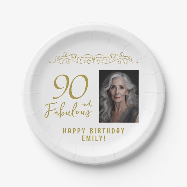 90 and Fabulous Gold Ornament 90th Birthday Photo  Paper Plates (Front)
