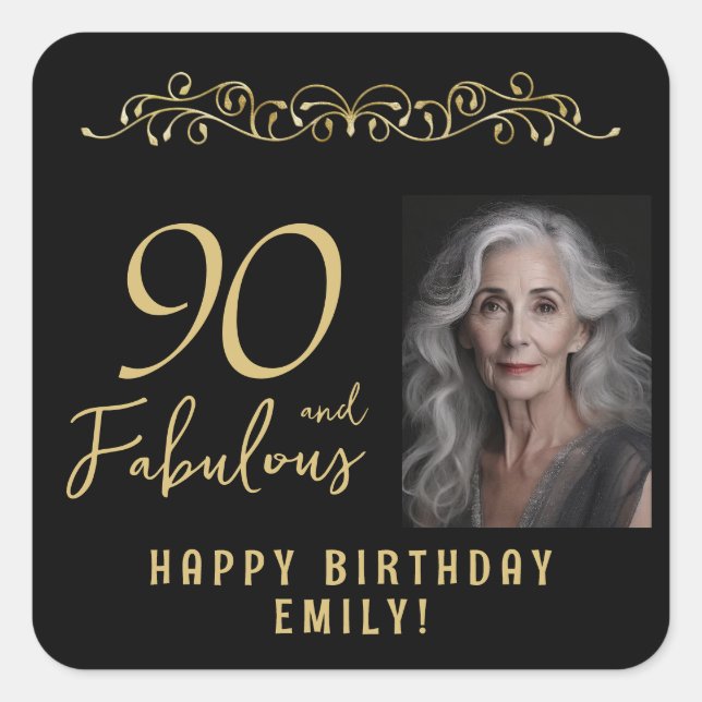 90 and Fabulous Gold Ornament 90th Birthday Photo  Square Sticker (Front)