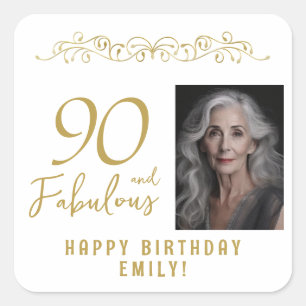 90 and Fabulous Gold Ornament 90th Birthday Photo Square Sticker